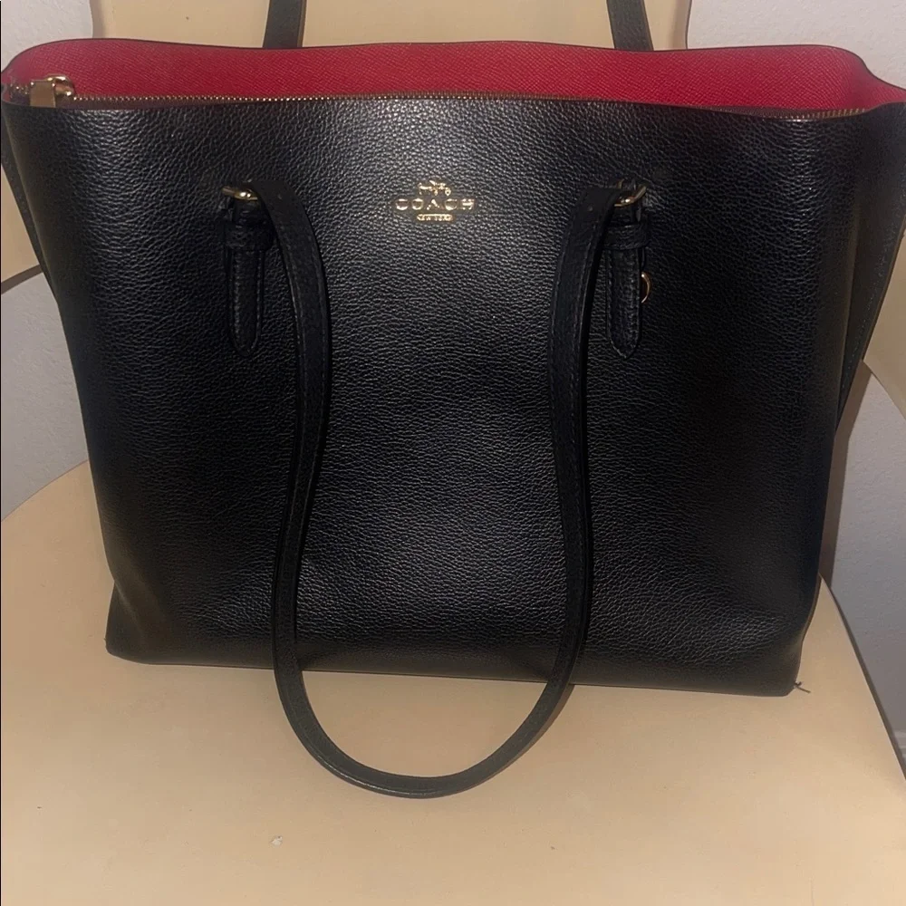 Coach Black Leather Tote Bag with Red Interior